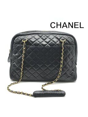 Chanel CC Logo Quilted Lambskin Chain Tote Black Purse